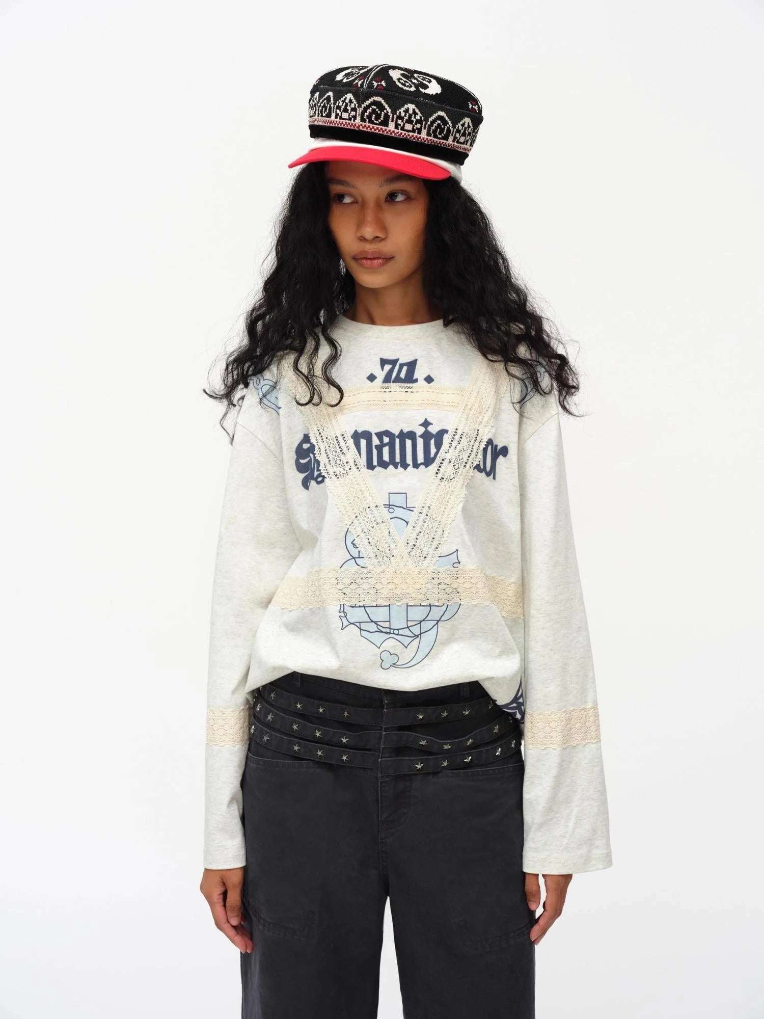 Lace Applique Graphic Sailor V-Neck T-Shirt Long-Sleeve