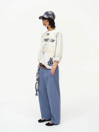 Lace Applique Graphic Sailor V-Neck T-Shirt Long-Sleeve