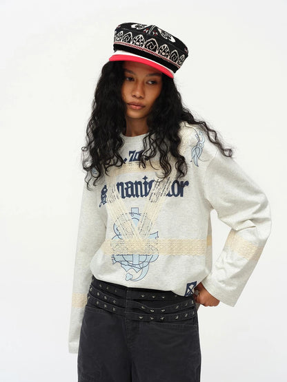 Lace Applique Graphic Sailor V-Neck T-Shirt Long-Sleeve