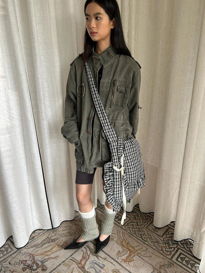 Lace Knotted Checkered Pillow Bag With Fluffy Cotton Ruffle Strap