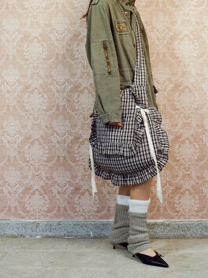 Lace Knotted Checkered Pillow Bag With Fluffy Cotton Ruffle Strap