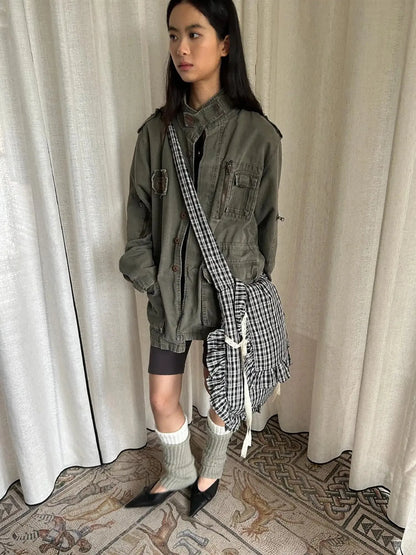 Lace Knotted Checkered Pillow Bag With Fluffy Cotton Ruffle Strap