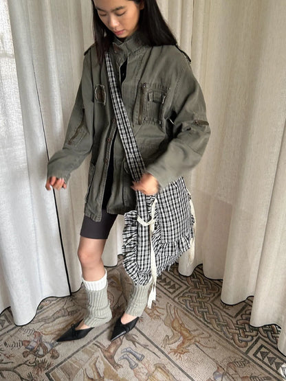 Lace Knotted Checkered Pillow Bag With Fluffy Cotton Ruffle Strap