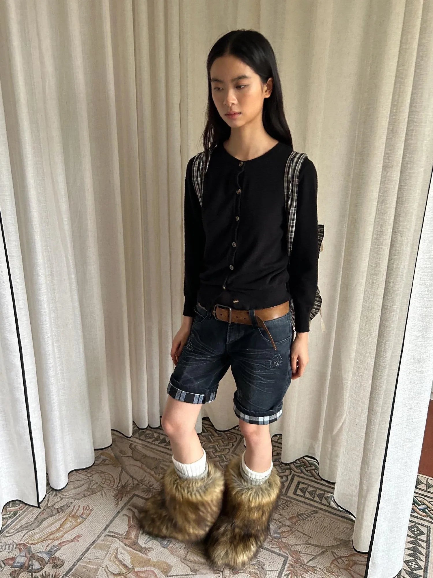 Lace Knotted Checkered Pillow Bag With Fluffy Cotton Ruffle Strap