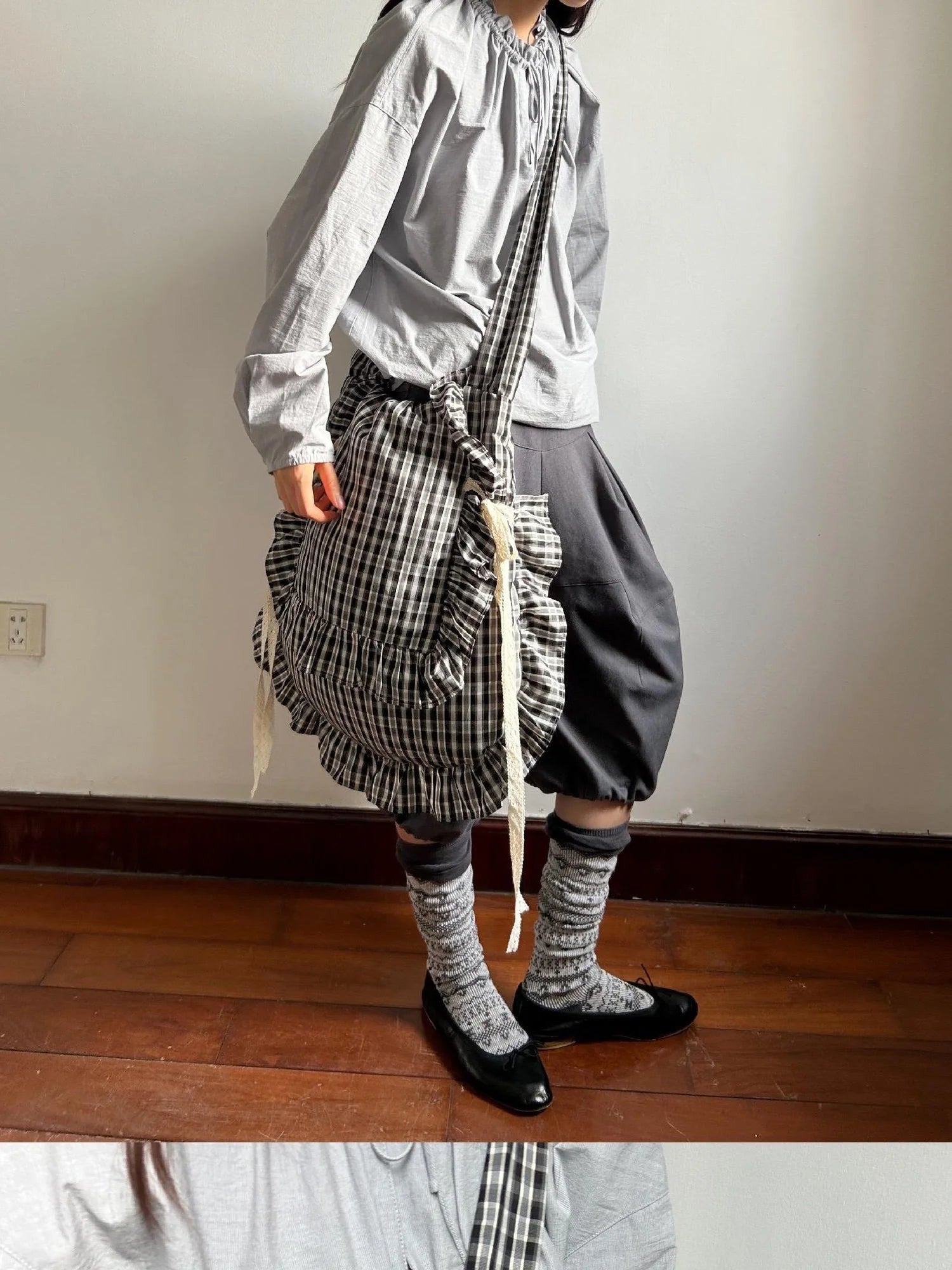 Lace Knotted Checkered Pillow Bag With Fluffy Cotton Ruffle Strap