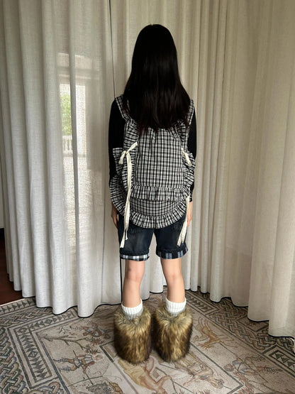 Lace Knotted Checkered Pillow Bag With Fluffy Cotton Ruffle Strap