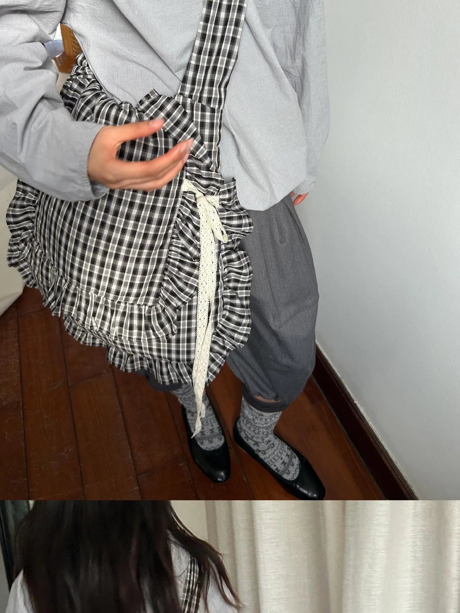 Lace Knotted Checkered Pillow Bag With Fluffy Cotton Ruffle Strap