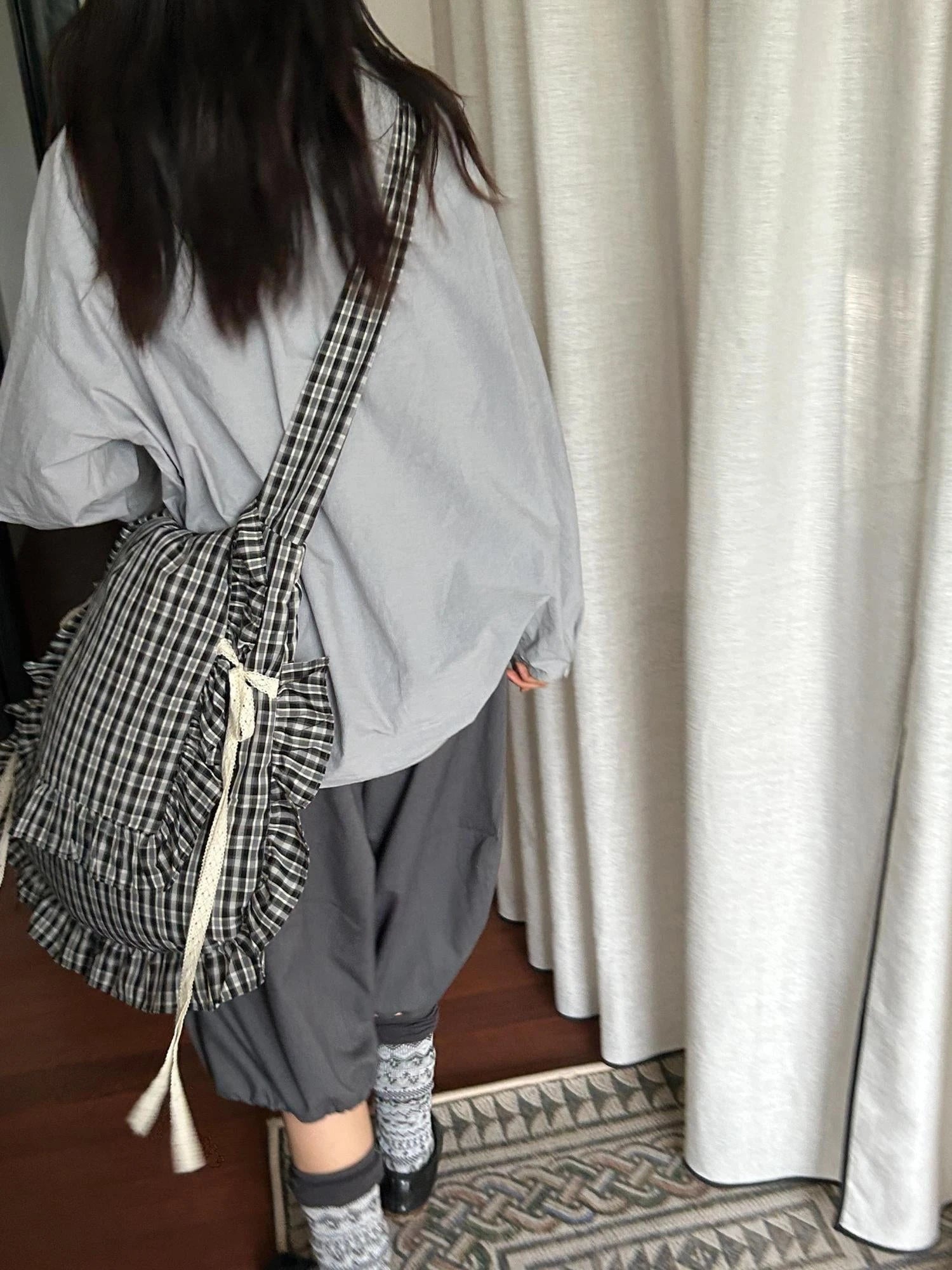 Lace Knotted Checkered Pillow Bag With Fluffy Cotton Ruffle Strap