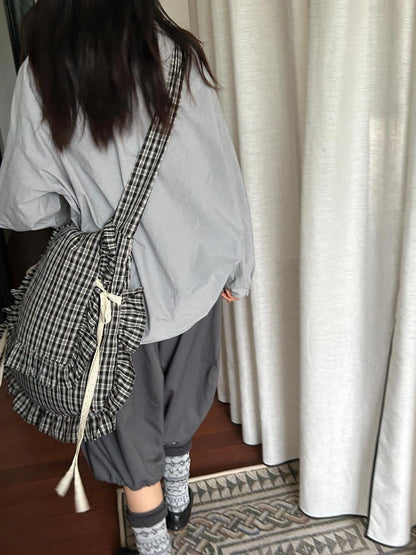 Lace Knotted Checkered Pillow Bag With Fluffy Cotton Ruffle Strap