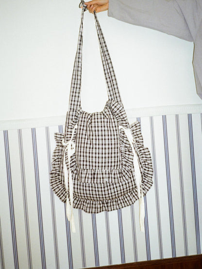 oinimi Lace Knotted Checkered Pillow Bag With Fluffy Cotton Ruffle Strap