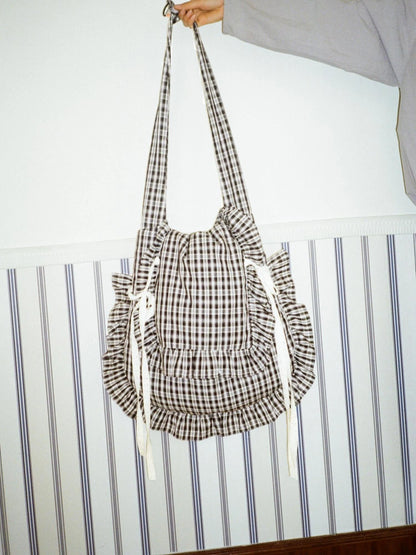Lace Knotted Checkered Pillow Bag With Fluffy Cotton Ruffle Strap