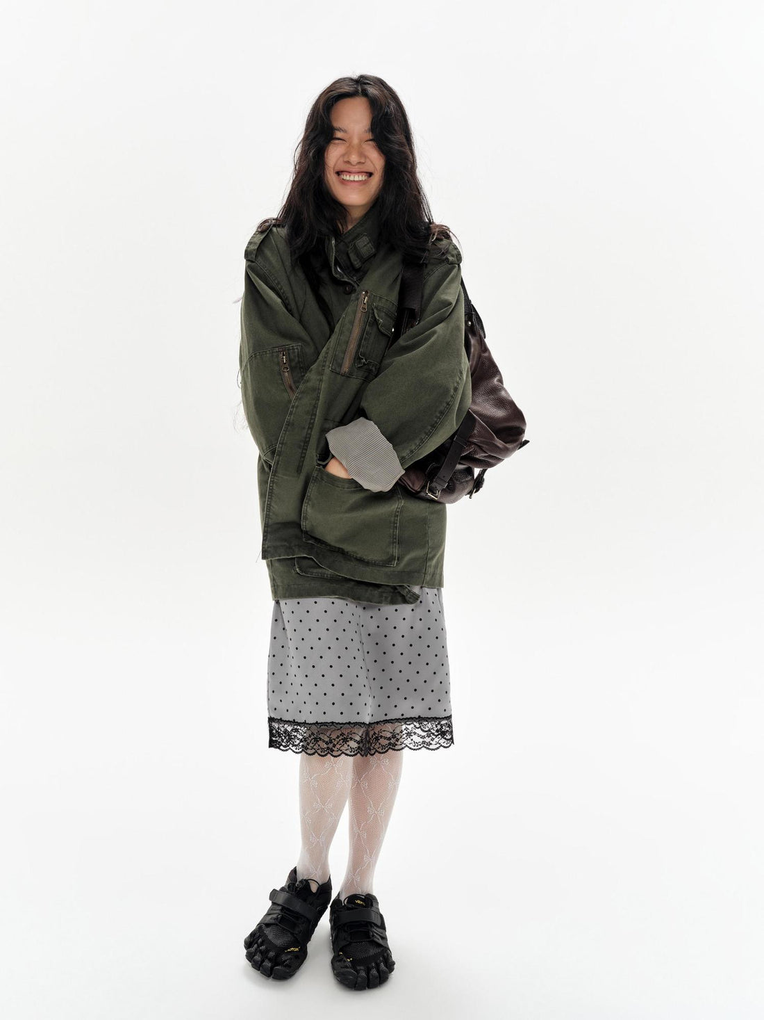 oinimi Lace Polka Dot Print Satin Skirt
