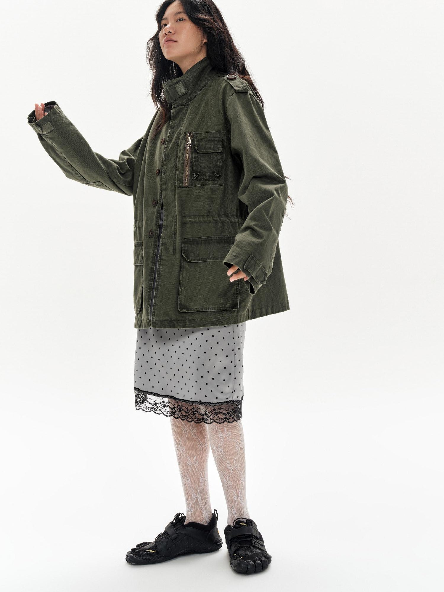 oinimi Lace Polka Dot Print Satin Skirt