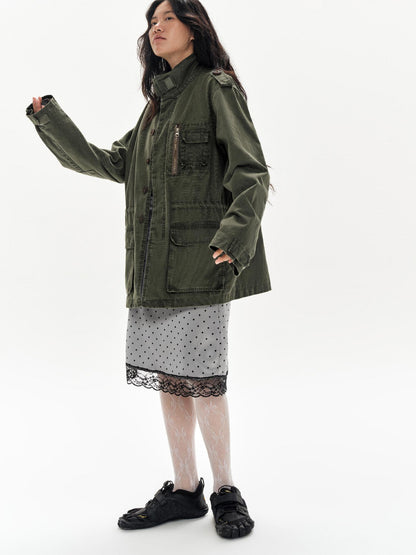 oinimi Lace Polka Dot Print Satin Skirt