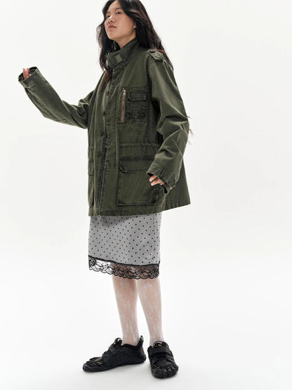 Lace Polka Dot Print Satin Skirt