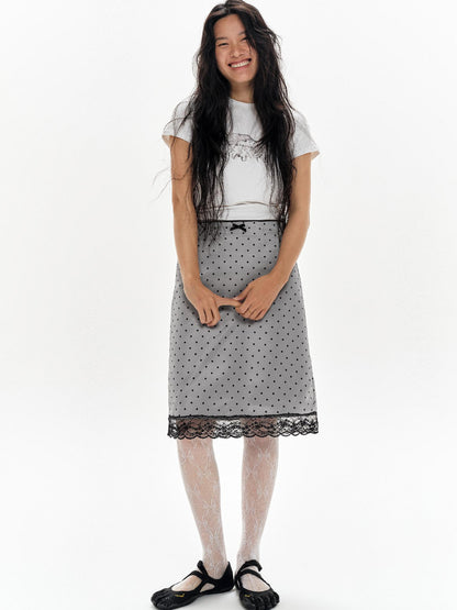 oinimi Lace Polka Dot Print Satin Skirt