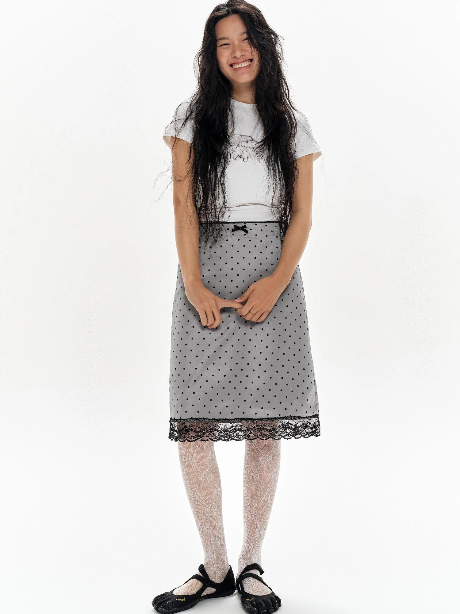 Lace Polka Dot Print Satin Skirt