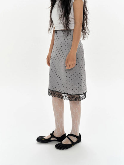 Lace Polka Dot Print Satin Skirt