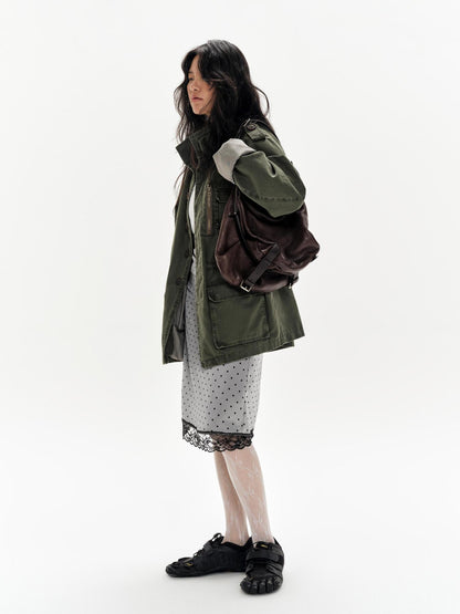 oinimi Lace Polka Dot Print Satin Skirt