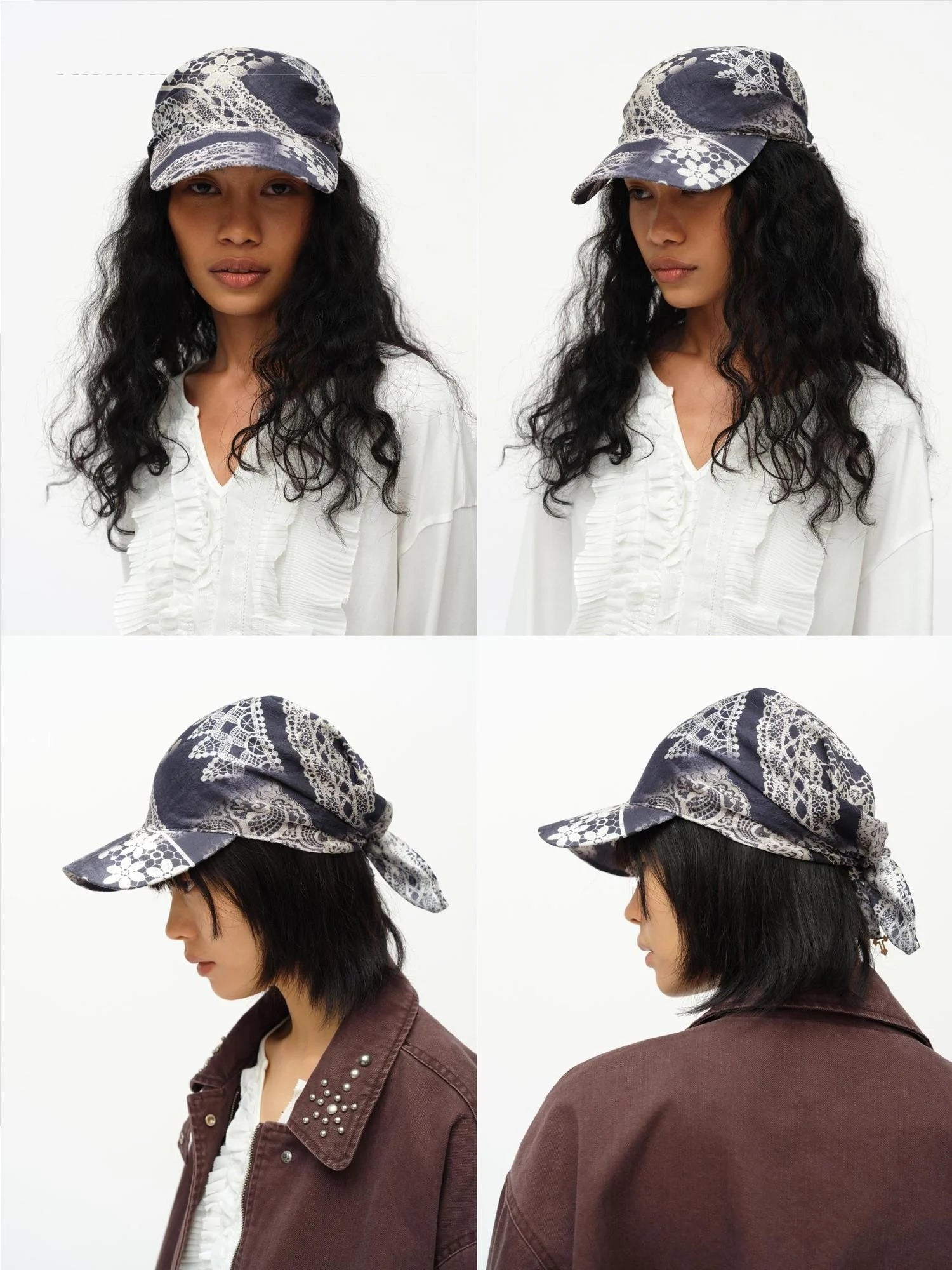Lace Print Navy Teal Triangle Scarf Hat Adjustable Baseball Cap