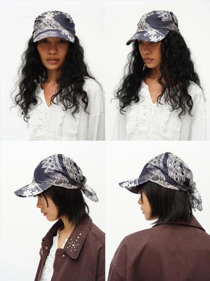 Lace Print Navy Teal Triangle Scarf Hat Adjustable Baseball Cap