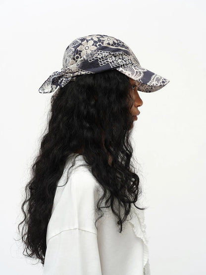 Lace Print Navy Teal Triangle Scarf Hat Adjustable Baseball Cap