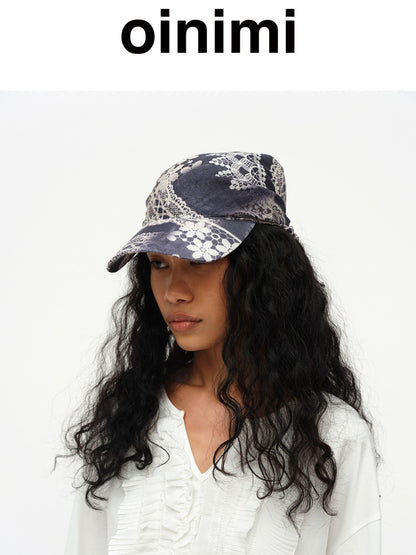 oinimi Lace Print Navy Teal Triangle Scarf Hat Adjustable Baseball Cap