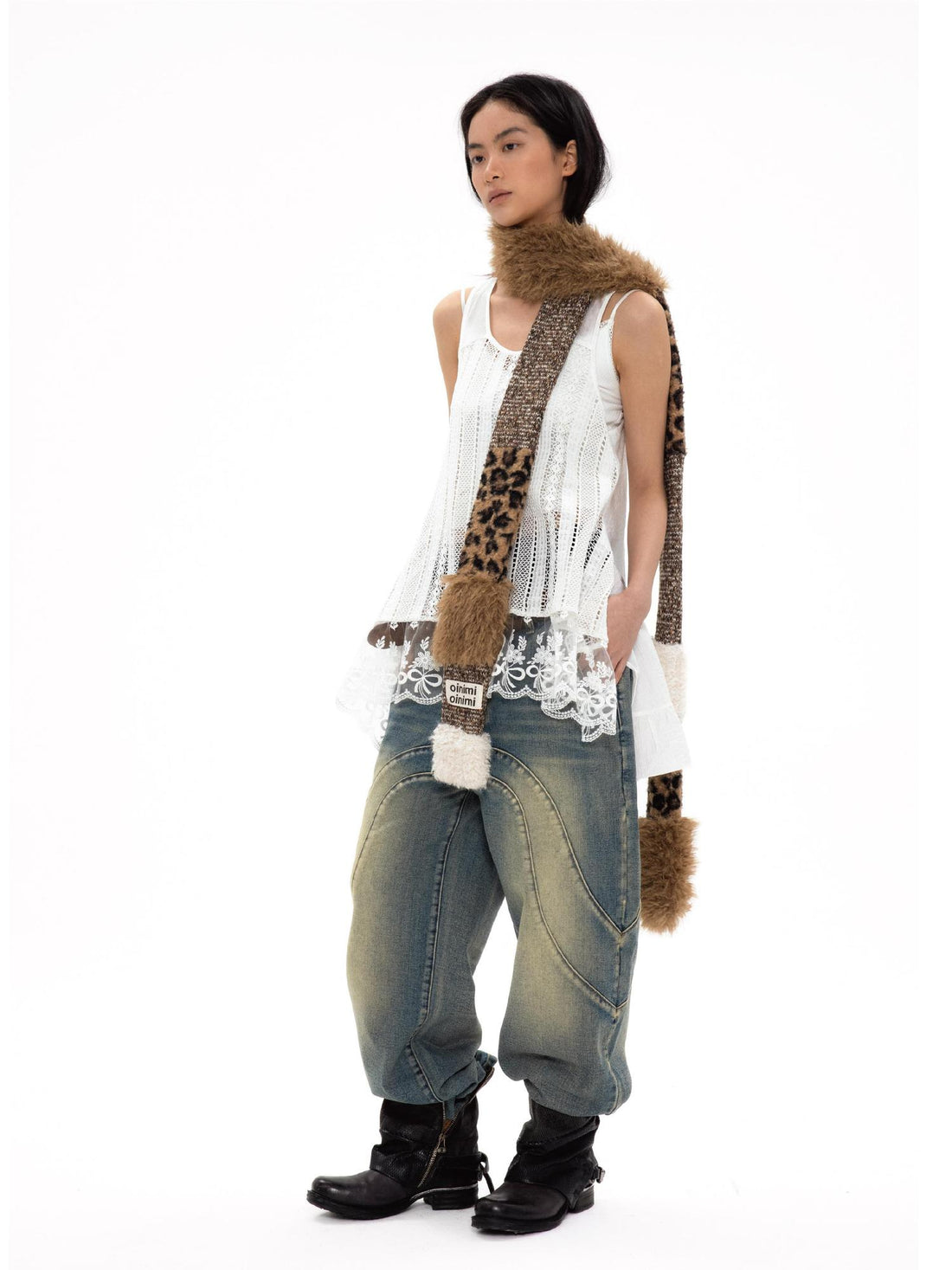 oinimi Leopard Print Knitted Faux Fur Long Scarf