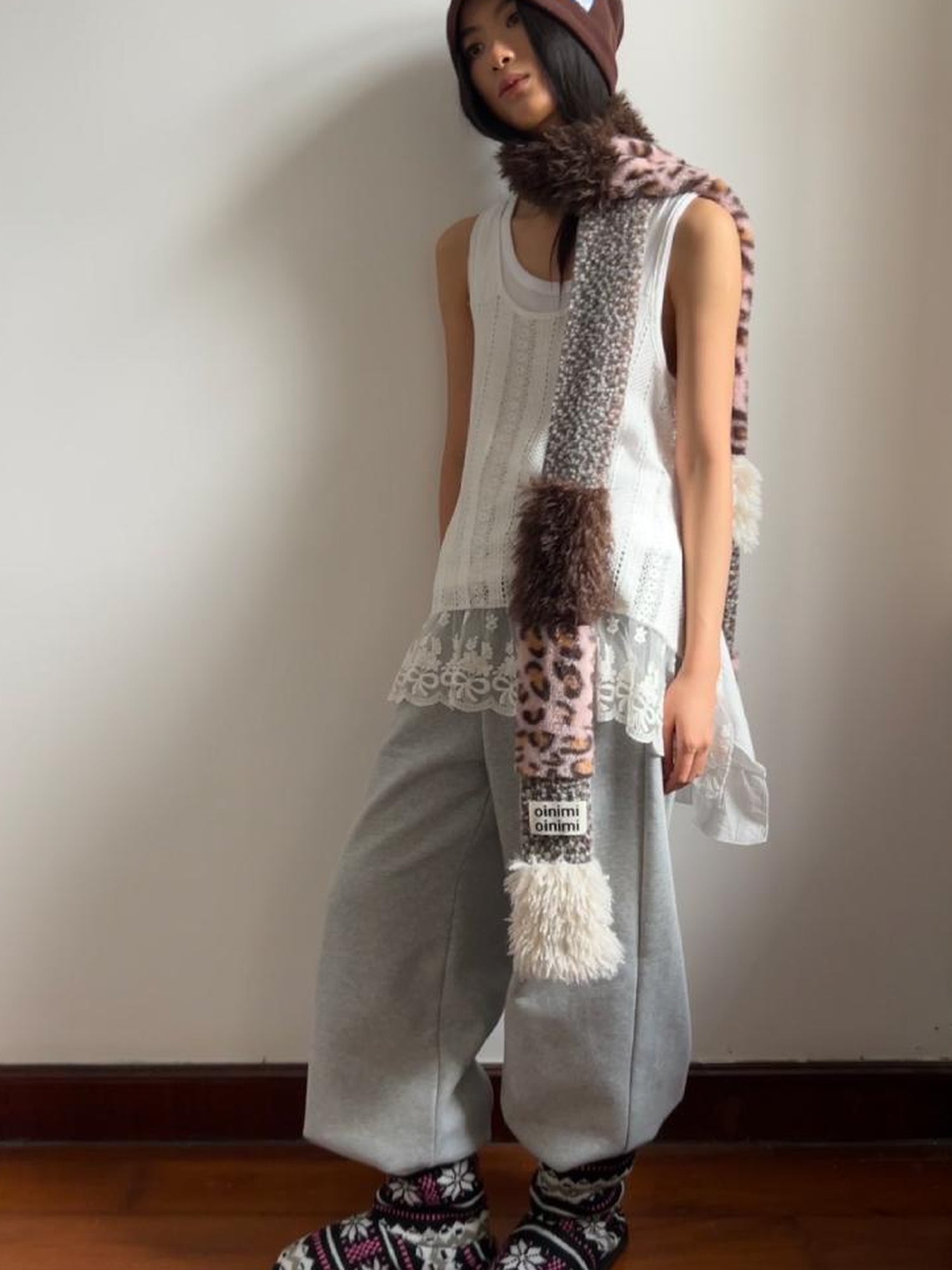 oinimi Leopard Print Knitted Faux Fur Long Scarf