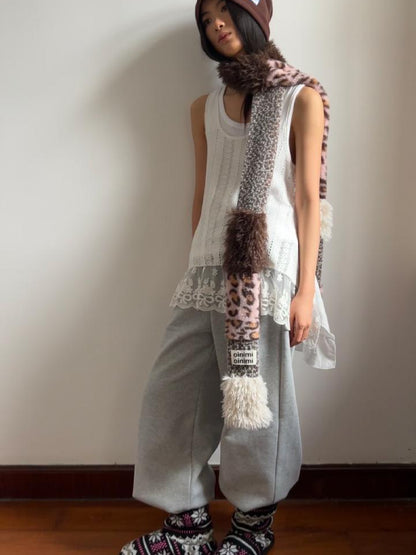 oinimi Leopard Print Knitted Faux Fur Long Scarf