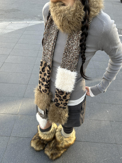 oinimi Leopard Print Knitted Faux Fur Long Scarf