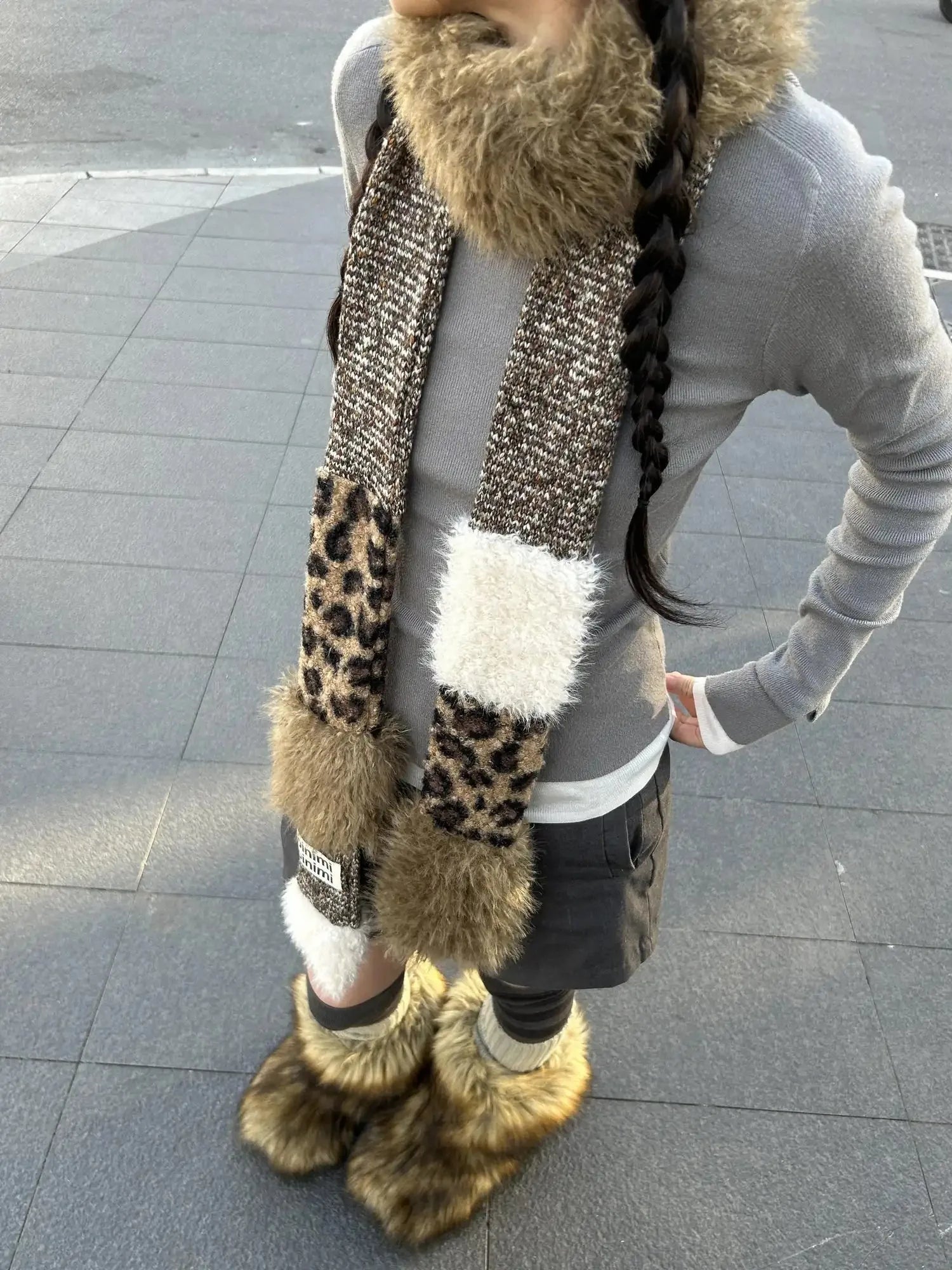 Leopard Print Knitted Faux Fur Long Scarf