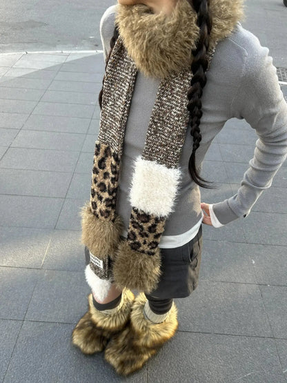 Leopard Print Knitted Faux Fur Long Scarf