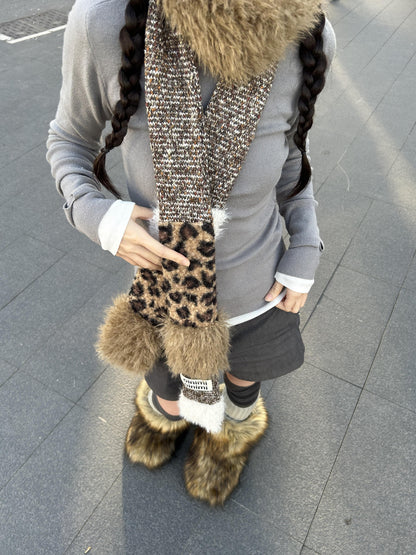oinimi Leopard Print Knitted Faux Fur Long Scarf