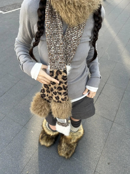 Leopard Print Knitted Faux Fur Long Scarf