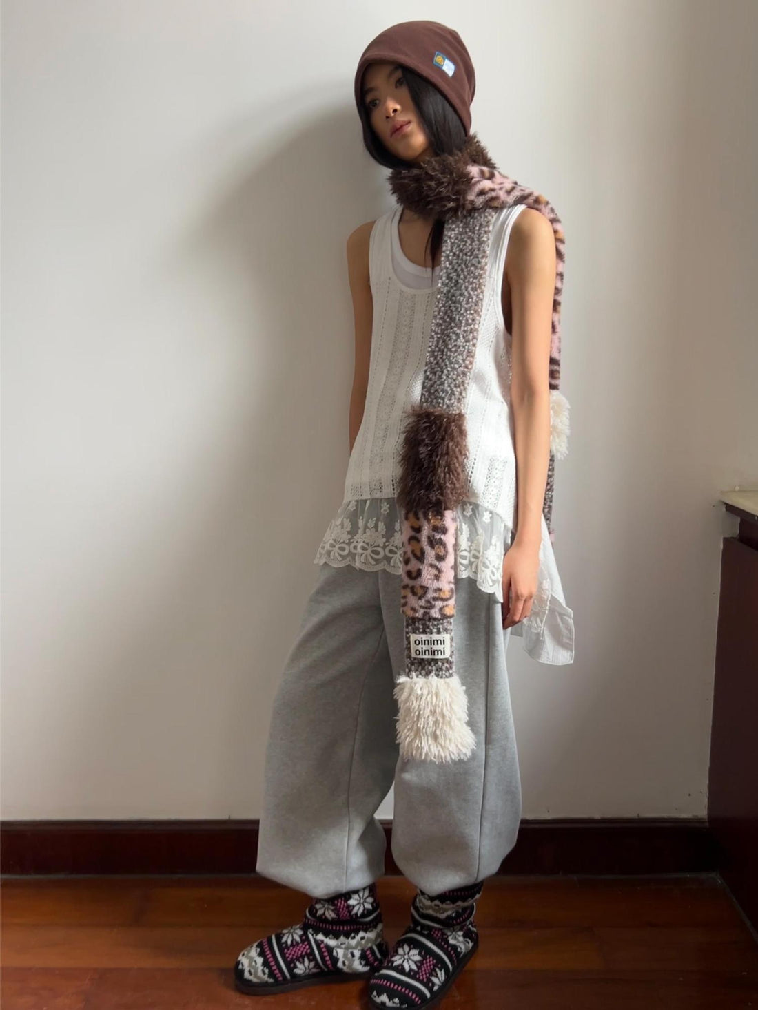 oinimi Leopard Print Knitted Faux Fur Long Scarf