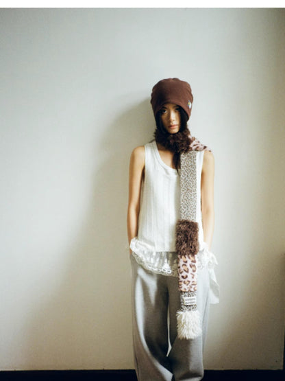 oinimi Leopard Print Knitted Faux Fur Long Scarf