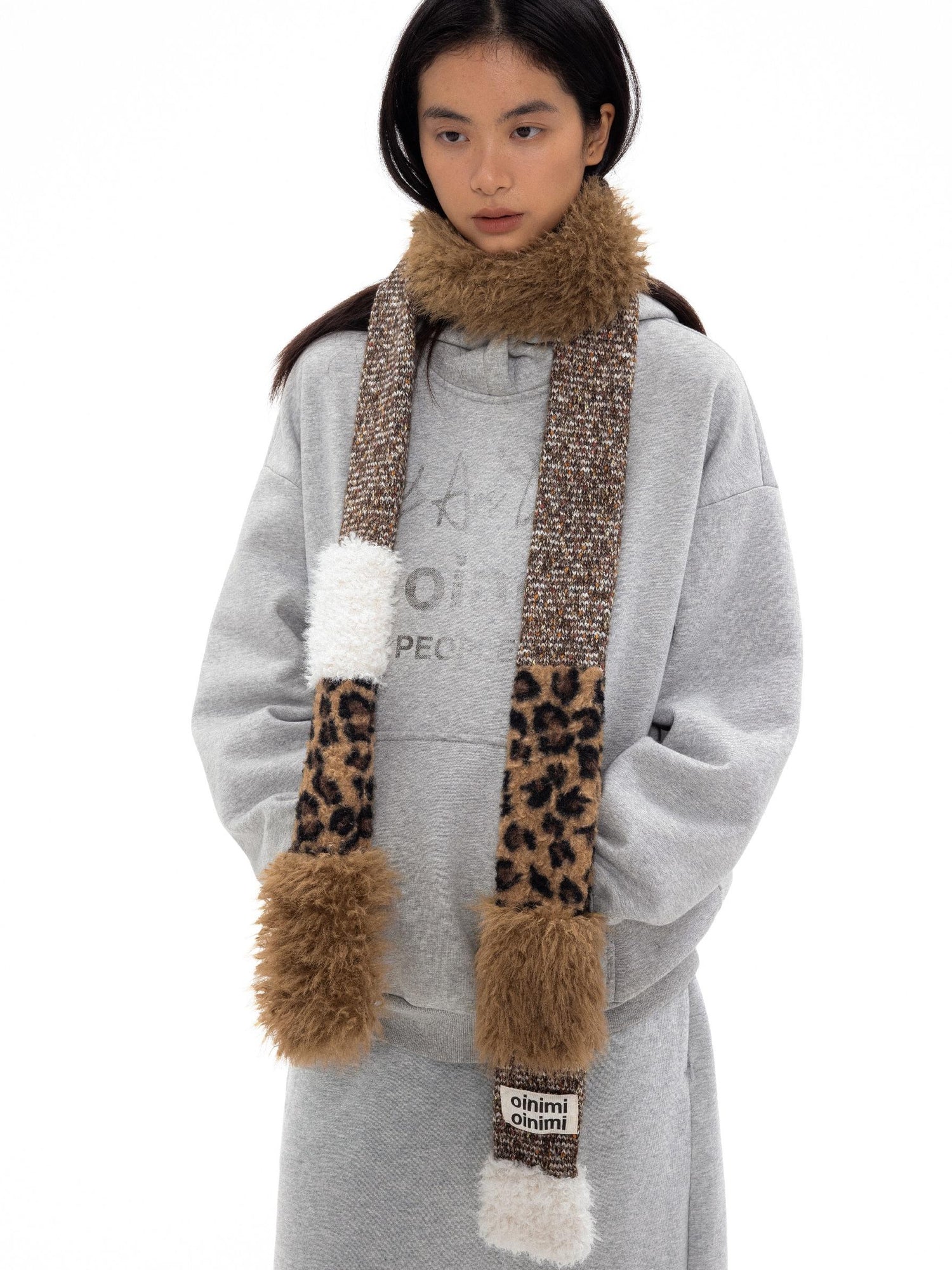 oinimi Leopard Print Knitted Faux Fur Long Scarf