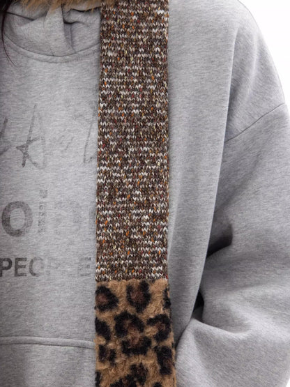 oinimi Leopard Print Knitted Faux Fur Long Scarf