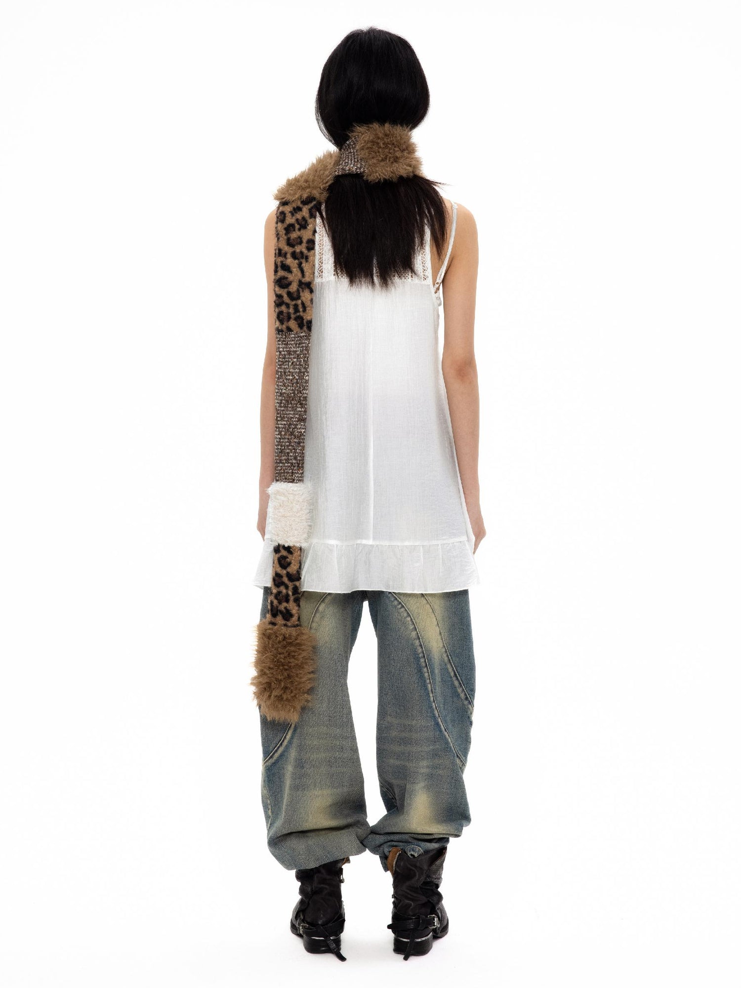 oinimi Leopard Print Knitted Faux Fur Long Scarf
