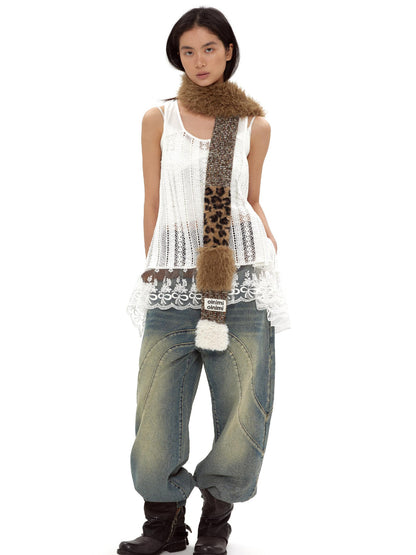 oinimi Leopard Print Knitted Faux Fur Long Scarf