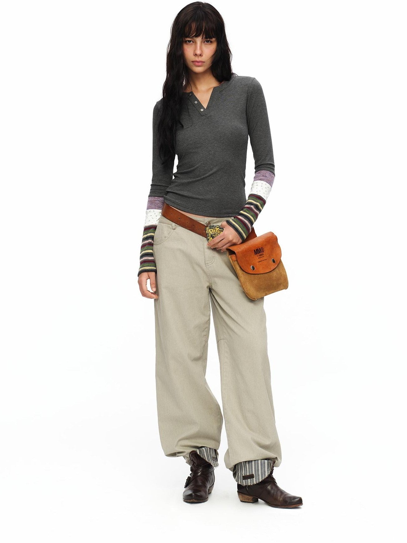 oinimi Light Khaki Classic Relaxed Workwear Mid Rise Women&