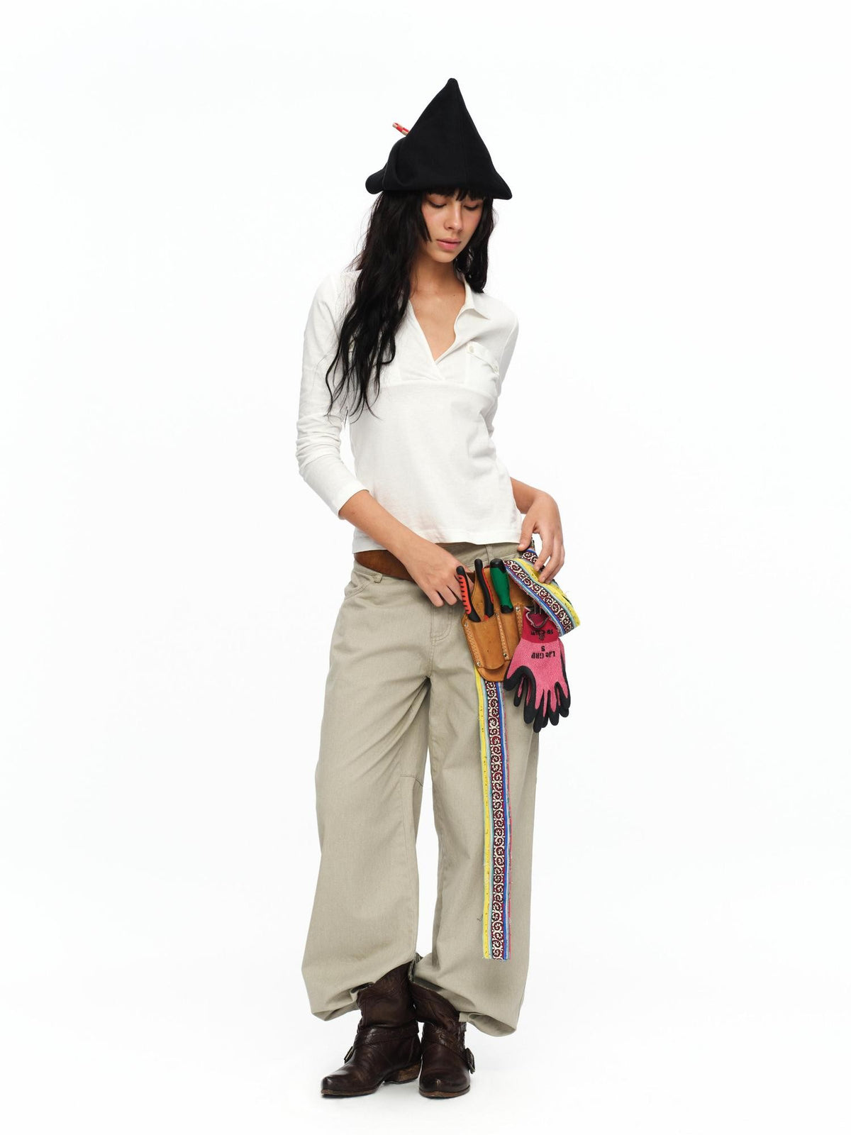 oinimi Light Khaki Classic Relaxed Workwear Mid Rise Women&