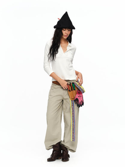 oinimi Light Khaki Classic Relaxed Workwear Mid Rise Women&