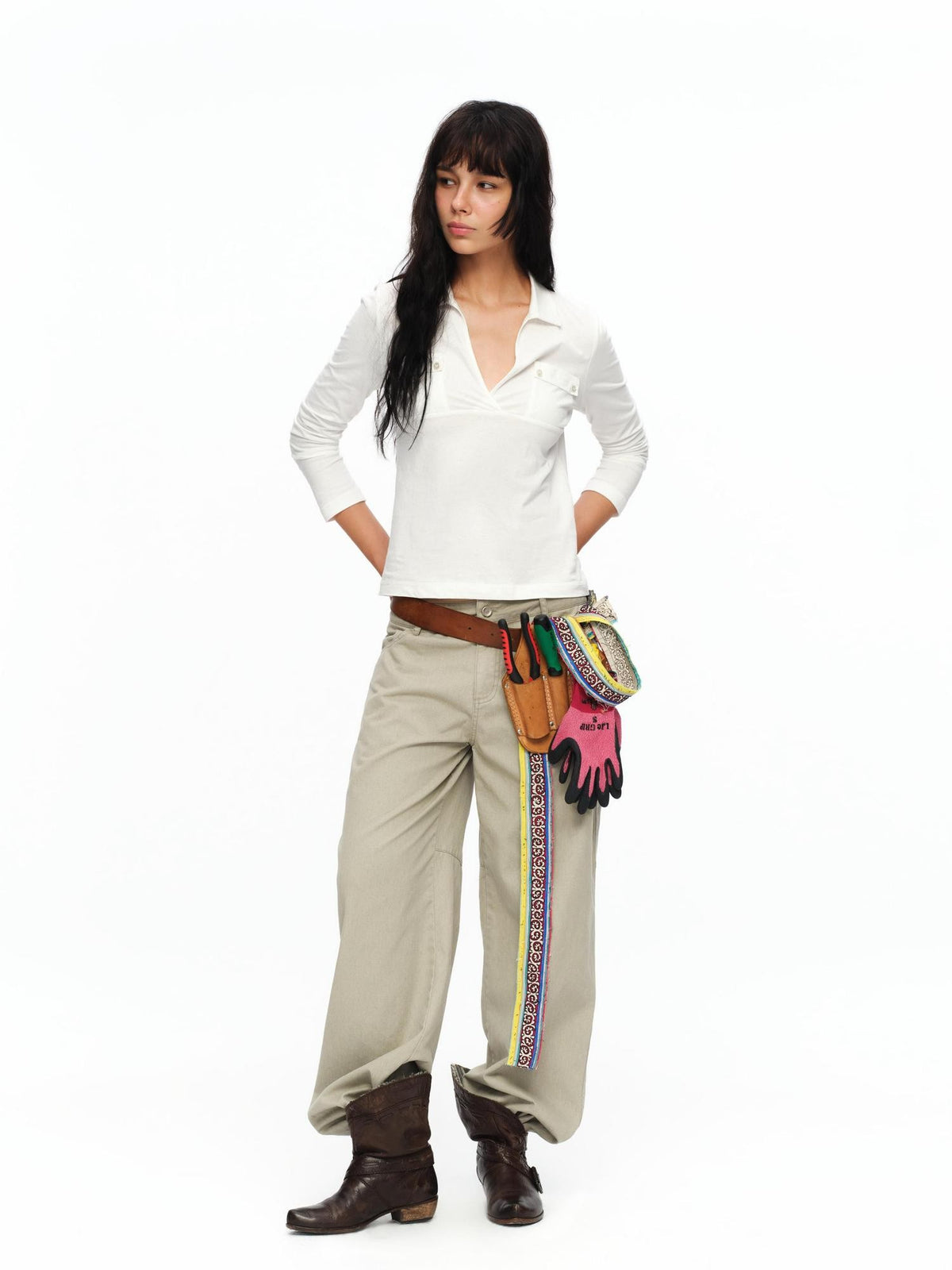 oinimi Light Khaki Classic Relaxed Workwear Mid Rise Women&