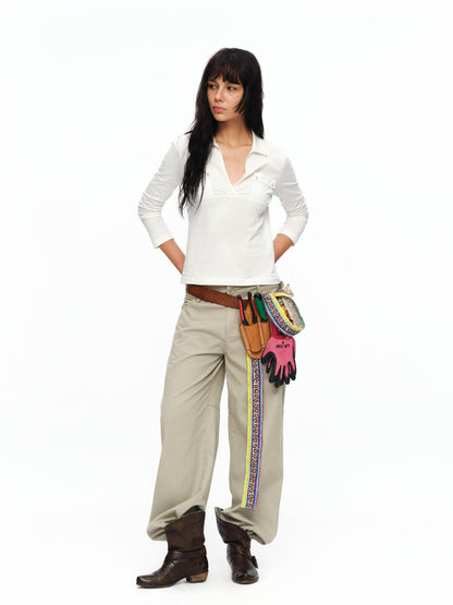 oinimi Light Khaki Classic Relaxed Workwear Mid Rise Women&