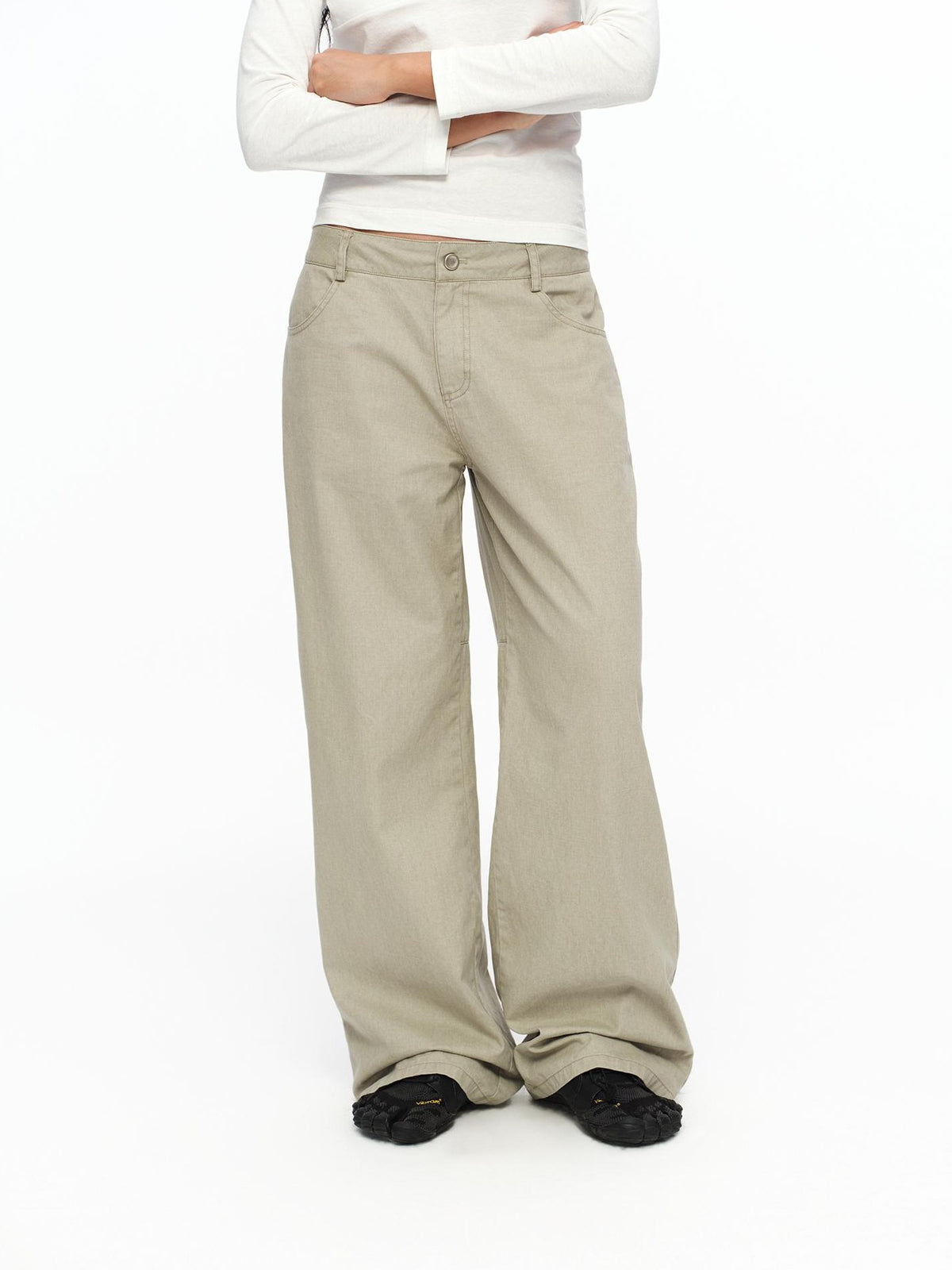 oinimi Light Khaki Classic Relaxed Workwear Mid Rise Women&
