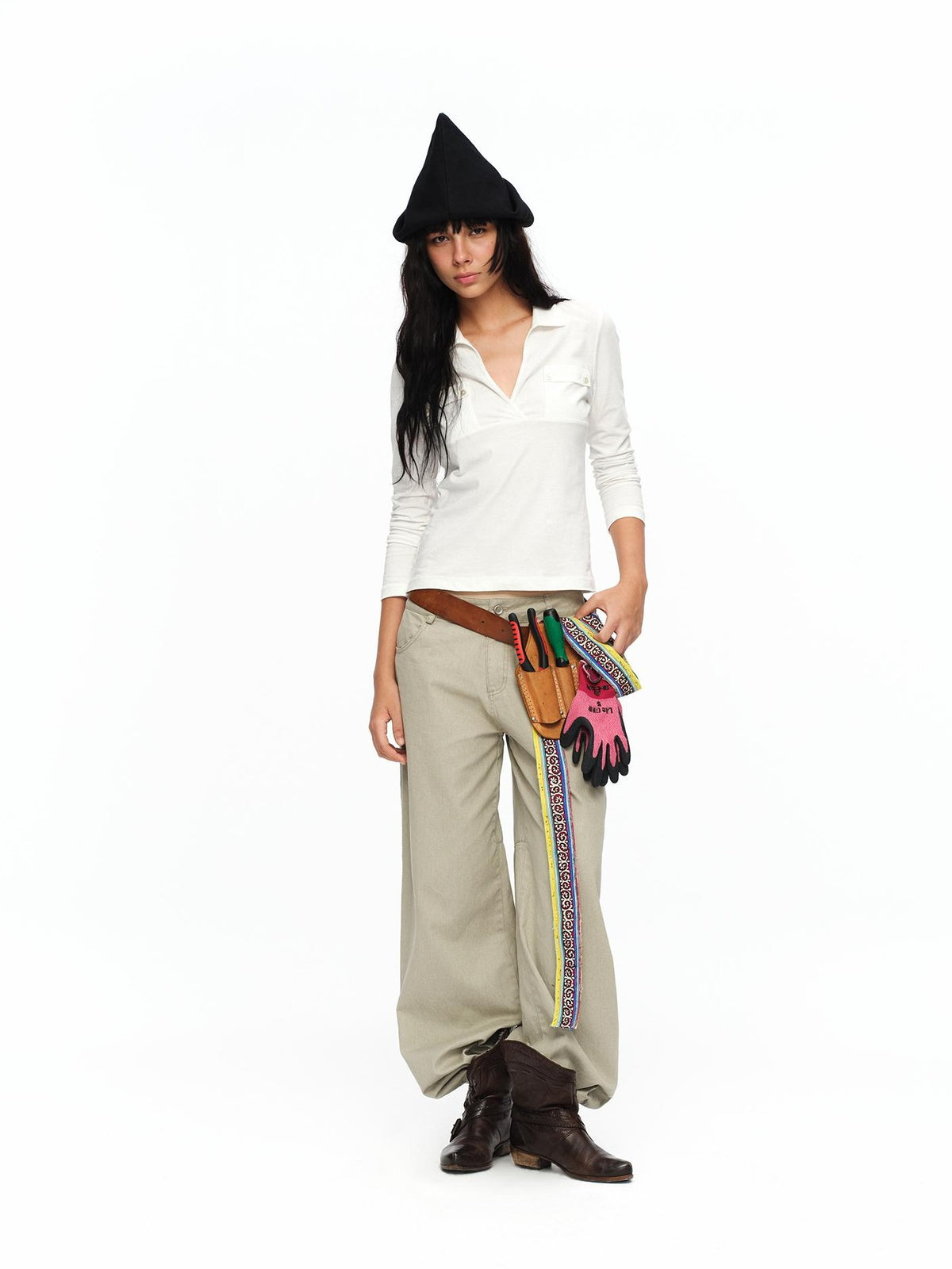 oinimi Light Khaki Classic Relaxed Workwear Mid Rise Women&