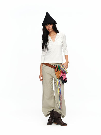 oinimi Light Khaki Classic Relaxed Workwear Mid Rise Women&
