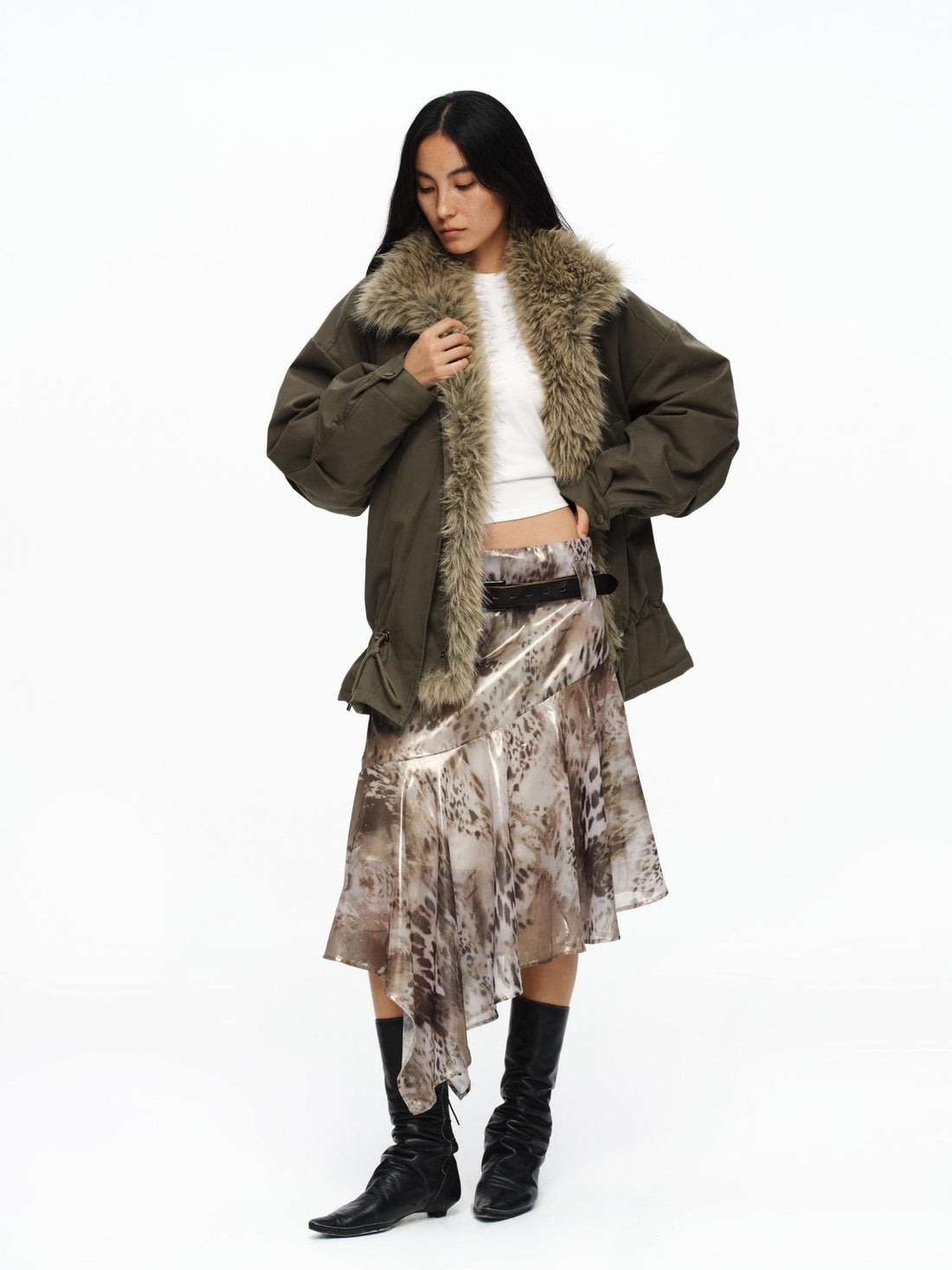 oinimi Lined Silk Finish Asymmetrical Low Waist Loose Fit Women Vacation Midi Skirt